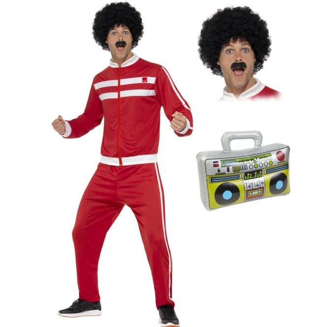 Red Scouser Tracksuit + Wig & Tash + Inflatable Boom Box