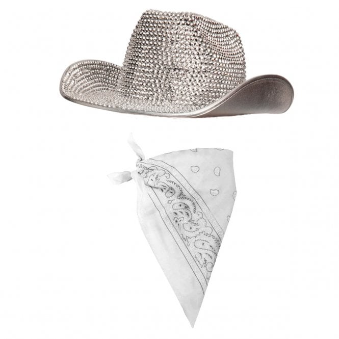 RHINESTONE Bling Cowgirl Hat + WHITE Paisley Print Bandana