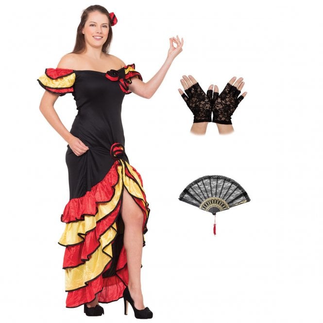 Rumba Woman - Adult Costume Set (Costume, Fingerless Gloves, Fan)