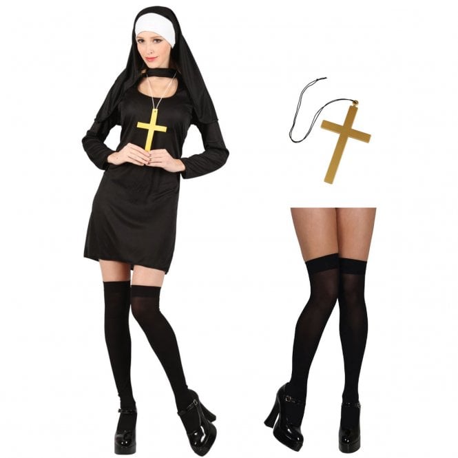 Sexy Nun - Adult Costume Set (Dress, Headpiece, Gold Cross, Black Hold-Ups)