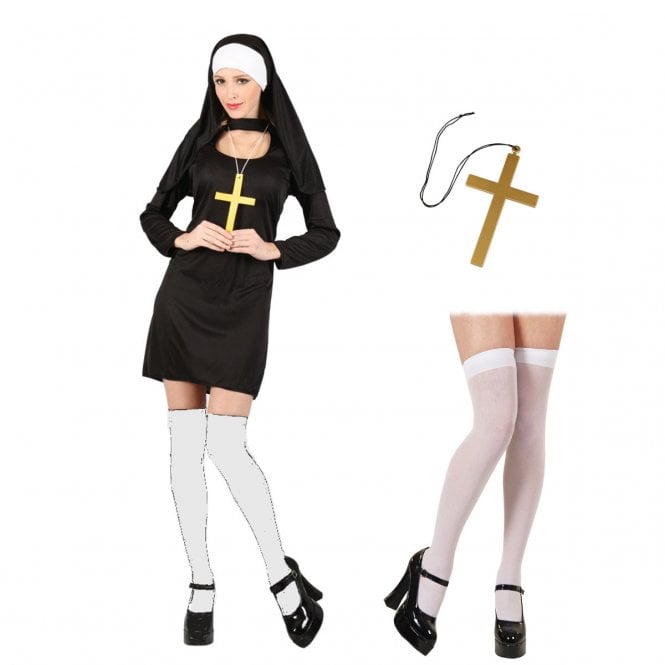 Sexy Nun - Adult Costume Set (Dress, Headpiece, Gold Cross, White Hold-Ups)