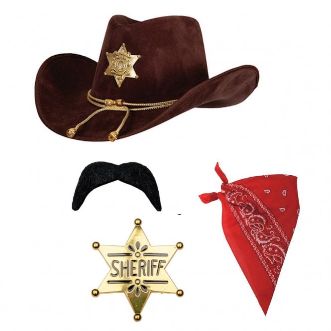 Sheriff Deluxe BROWN Texan Cowboy Hat + RED Bandana + GOLD Sheriff Badge + BLACK Cowboy Moustache