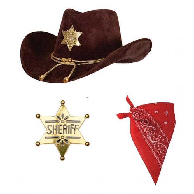 Sheriff Deluxe BROWN Texan Cowboy Hat + RED Bandana + GOLD Sheriff Badge 