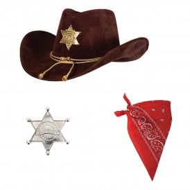 Sheriff Deluxe BROWN Texan Cowboy Hat + RED Bandana + SILVER Sheriff Badge 