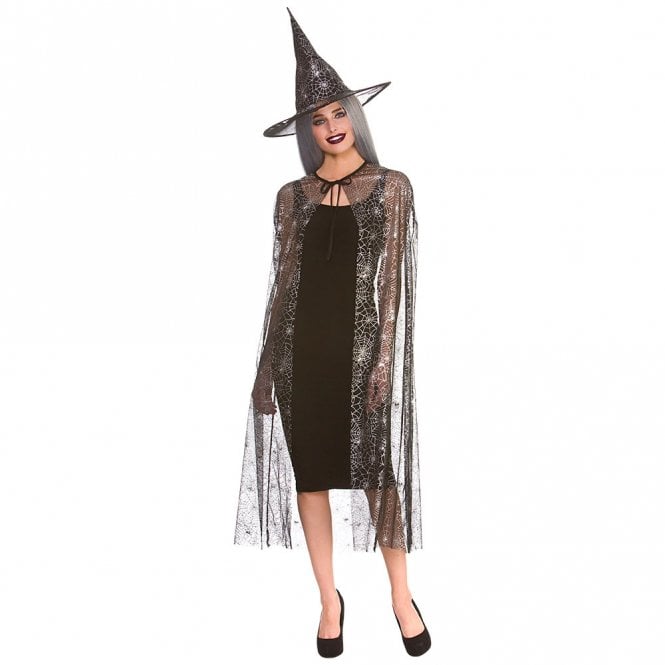 Shimmering Spider Web Witch Cape & Hat (125cm) - Adult Accessory