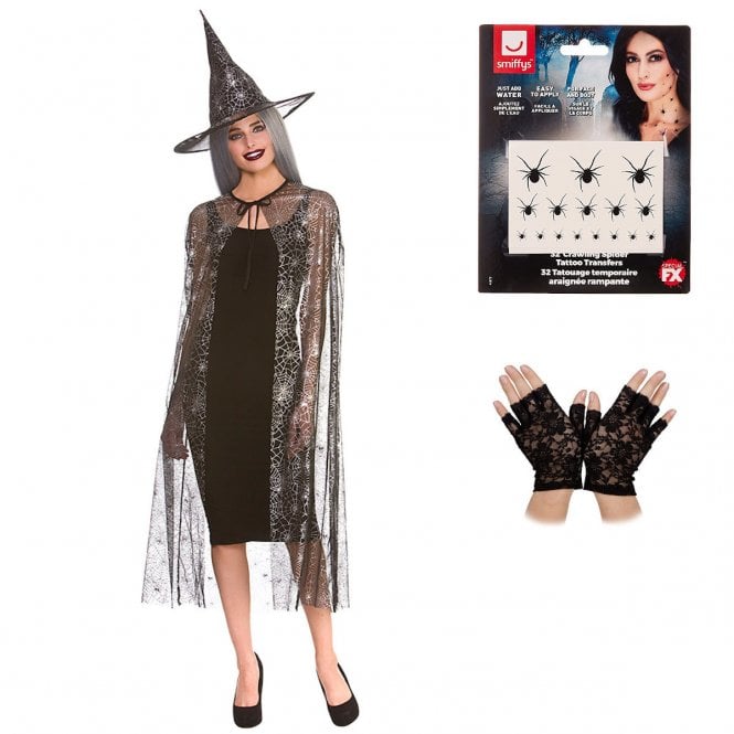 Shimmering Spider Web Witch Cape & Hat + Fingerless Gloves + Spider Transfers