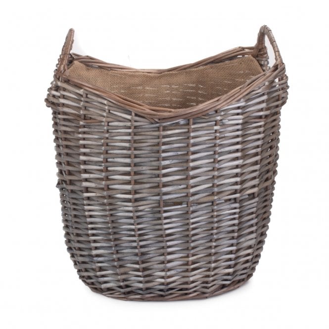 Small Scoop Neck Antique Wash Hessian Lined Basket 30 x 25 x 30-37cm