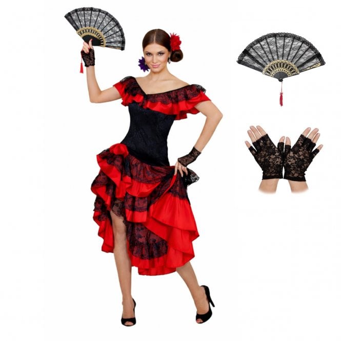Spanish Senorita - Adult 3 Piece Costume Set (Dress & Headpiece + Fan + Gloves) 