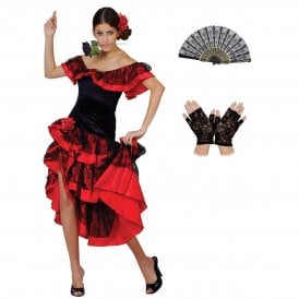 Spanish Senorita + Black Lace Fan + Fingerless Lace Gloves ( Dress,Headpiece,Fan,Gloves) 