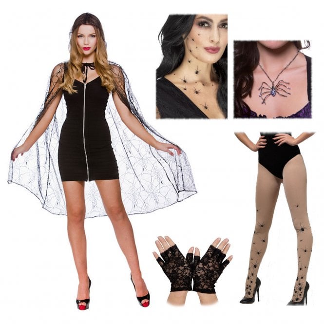 Spider Web Cape + Fingerless Gloves + Spider Necklace + Spider Transfers + Spider Tights