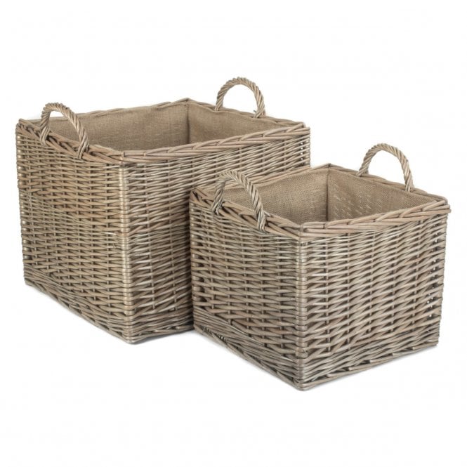 Square Lined Wicker Log / Storage Baskets Set 2