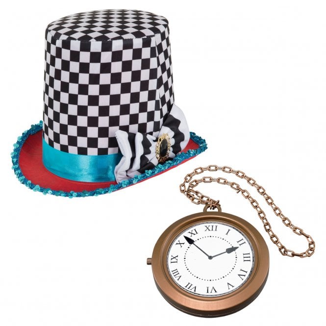 Stovepipe Mad Hatter Hat + Jumbo Clock Medallion - Adult Accessory Set