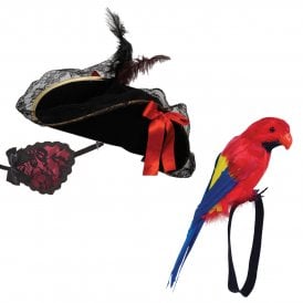 Super Deluxe Female Pirate Hat + Red Lace  Eyepatch + Feather Wrist Parrot