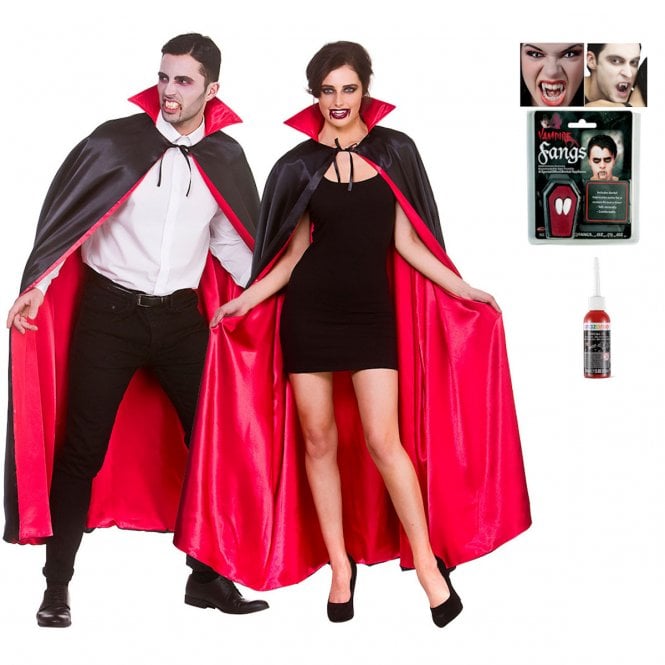 Super Deluxe Long Satin Vampire Cape (140cm) + Fangs + Blood