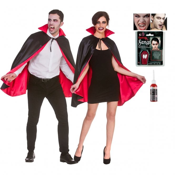 Super Deluxe Short Satin Vampire Cape (80cm) + Vampire Fangs + Fake Blood
