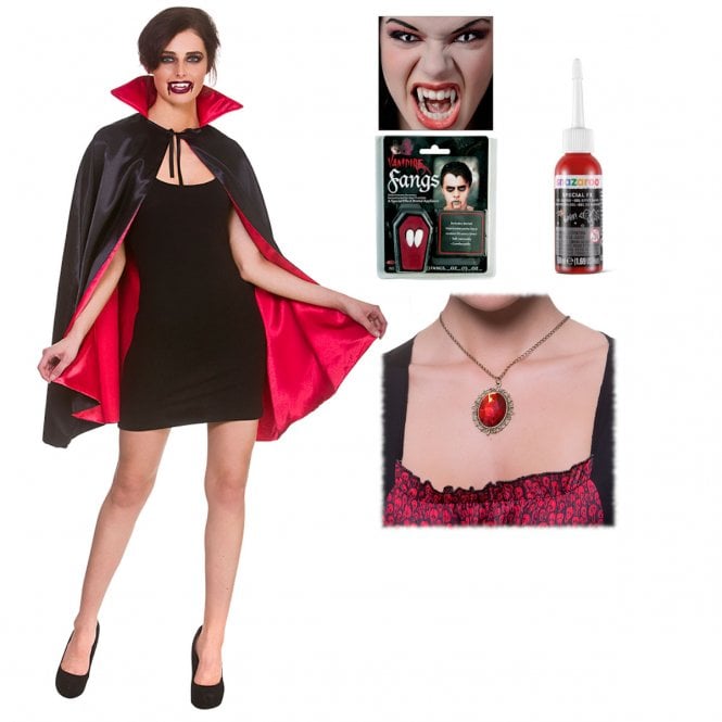Super Deluxe Short Satin Vampire Cape (80cm) + Vampire Fangs + Fake Blood + Ruby Necklace