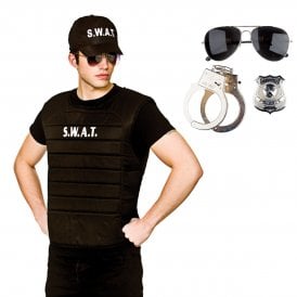 SWAT Vest & Cap + Instant Cop Set (Aviator Glasses, Metal Handcuffs, Police Badge)