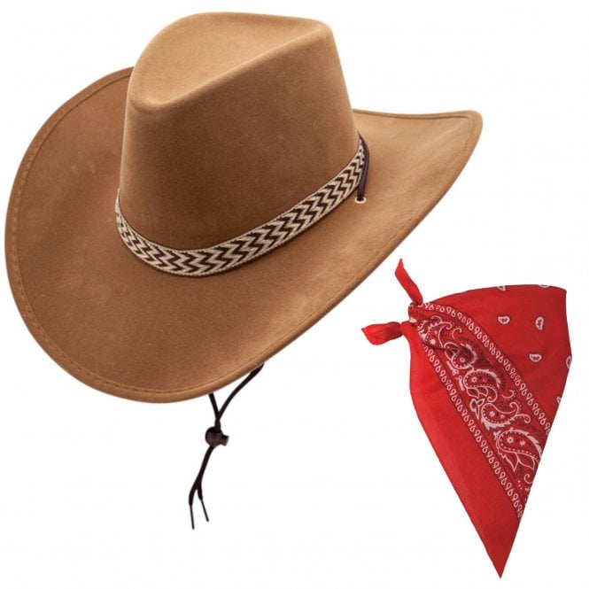 TAN Deluxe Suede Texan Cowboy Hat + RED Paisley Print Bandana