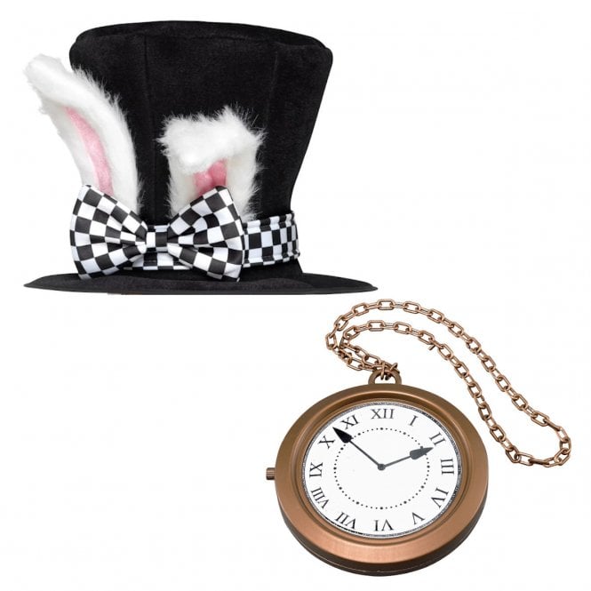 Tea Party March Hare Top Hat + Jumbo Clock Medallion - Adult Accessory Set