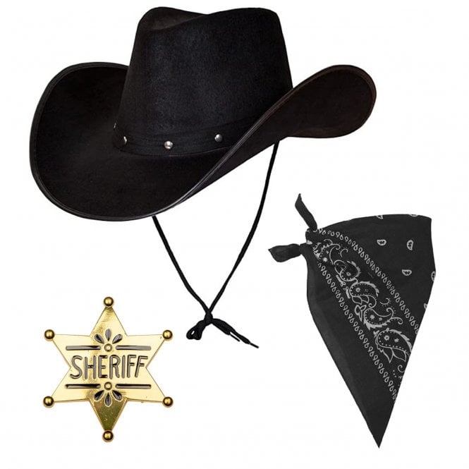 BLACK Texan Cowboy Hat + BLACK Bandana + GOLD Colour Sheriff Badge