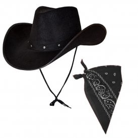 Texan Cowboy Black Hat +Black Bandana 