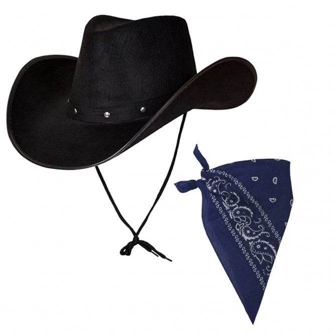 BLACK Texan Cowboy Hat + BLUE Bandana 