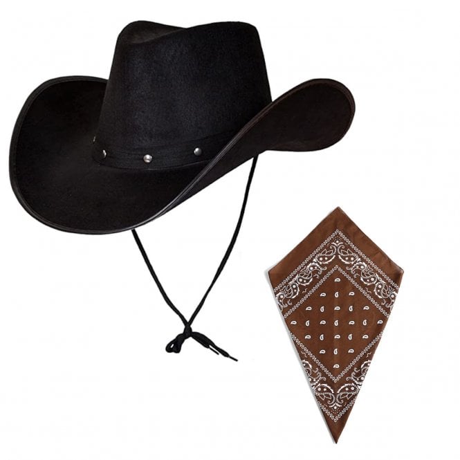 BLACK Texan Cowboy Hat + BROWN Bandana