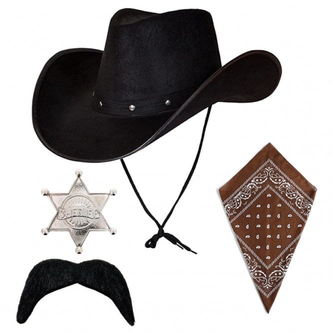  BLACK Texan Cowboy Hat + BROWN Bandana + SILVER Sheriff Badge + Cowboy Tash (4 piece)