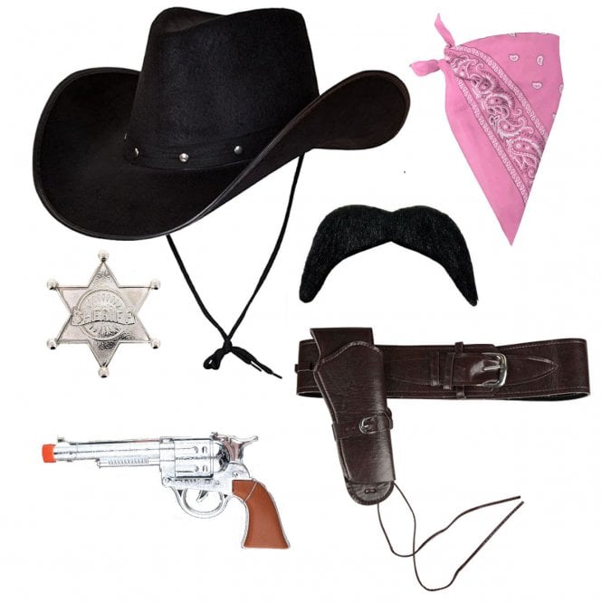 BLACK Texan Cowboy Hat + PINK Bandana + SILVER Sheriff Badge + BLACK Tash + DELUXE Holster + Plastic Hand Gun