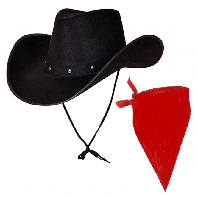 Texan Cowboy Black Hat + Red Plain Bandana