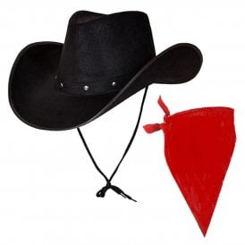 Texan Cowboy Black Hat + Red Plain Bandana