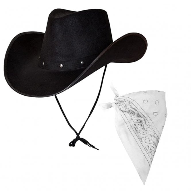  BLACK Texan Cowboy Hat + WHITE Bandana 