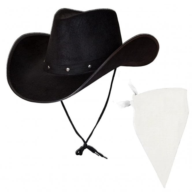  Texan Cowboy Black Hat + White Plain Bandana