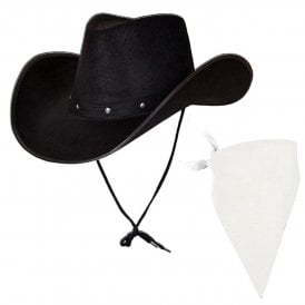  Texan Cowboy Black Hat + White Plain Bandana