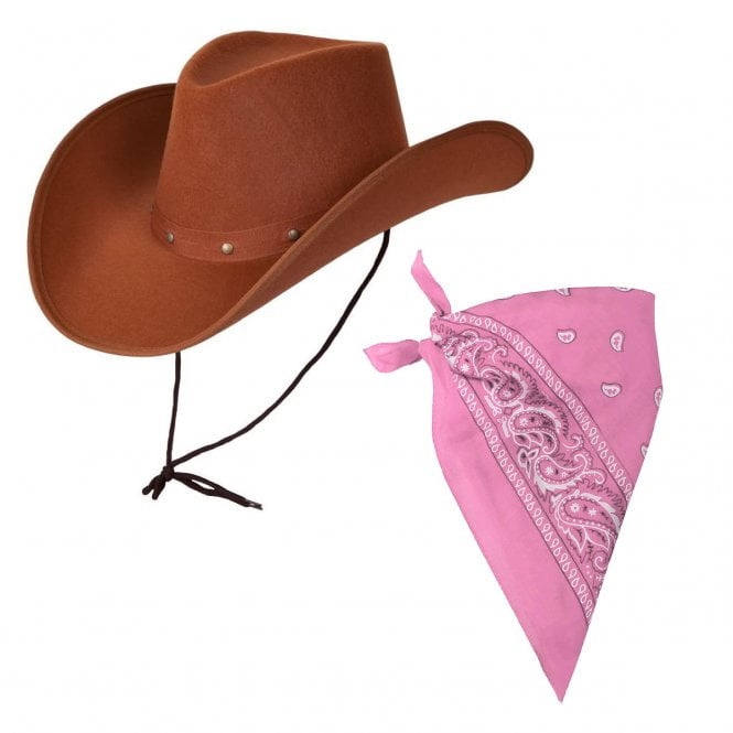 BROWN Texan Cowboy Hat + PINK Bandana - Adult Accessory Set