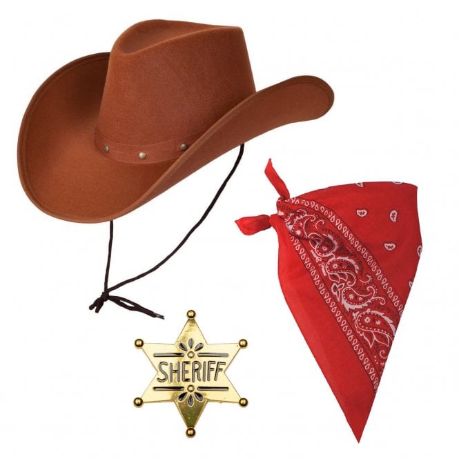 Texan Cowboy Brown Hat + Red Bandana + Gold Colour Sheriff Badge