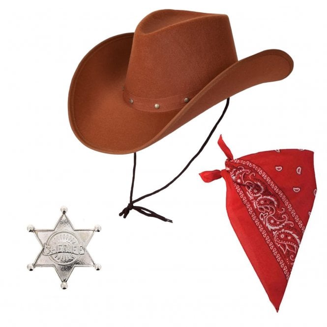 Texan Cowboy Brown Hat + Red Bandana + Silver Colour Sheriff Badge
