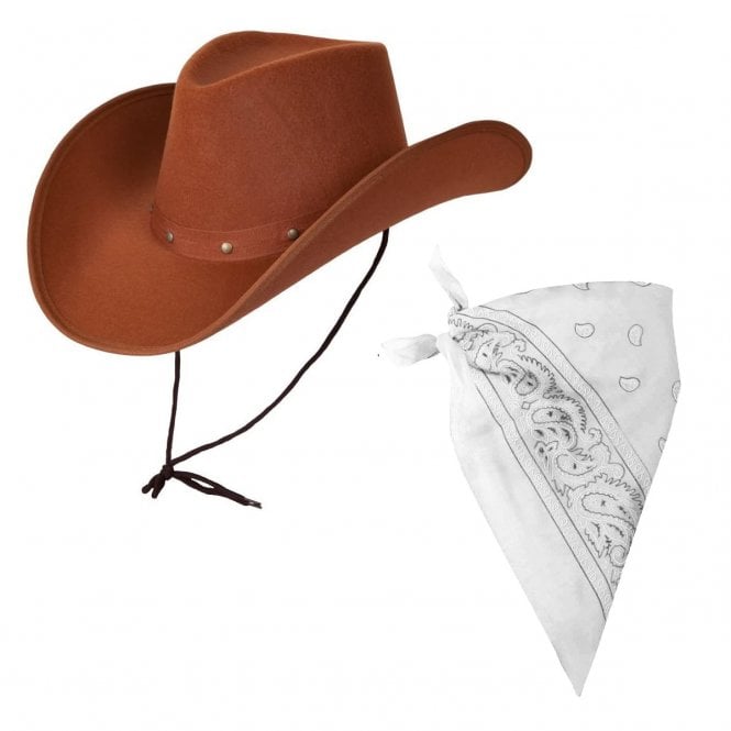  BROWN Texan Cowboy Hat + WHITE Bandana