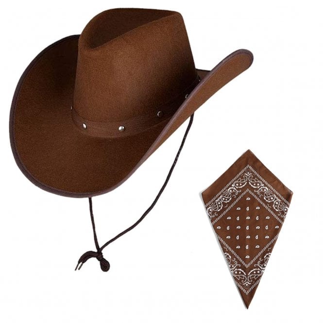 DARK BROWN Texan Cowboy Hat + BROWN Bandana 
