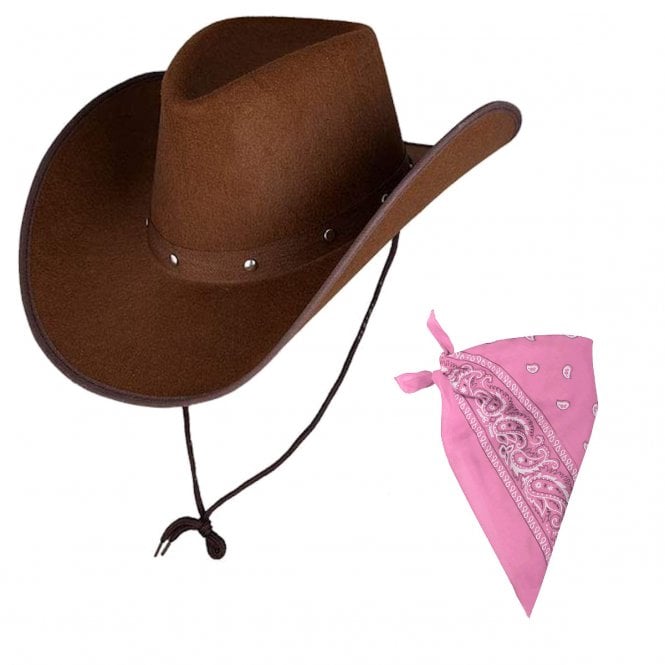  DARK BROWN Texan Cowboy Hat + PINK Bandana