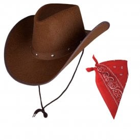  Texan Cowboy Dark Brown Hat + Red Paisley Print Bandana
