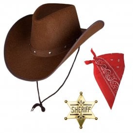 Texan Cowboy Dark Brown Hat + Red Bandana + Gold Colour Sheriff Badge