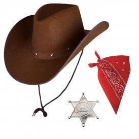 Texan Cowboy Dark Brown Hat + Red Bandana + Silver Colour Sheriff Badge