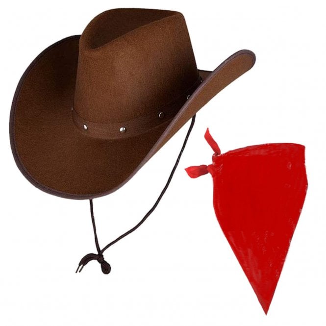 Texan Cowboy Dark Brown Hat + Red Plain Bandana