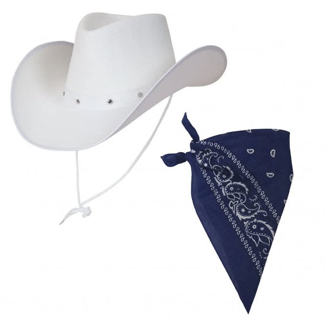  WHITE Texan Cowboy Hat + BLUE Bandana