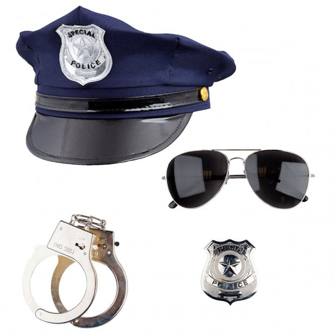 U S Cop Blue Hat + Instant Cop Set (Police Badge + Aviator Specs + Metal Handcuffs)