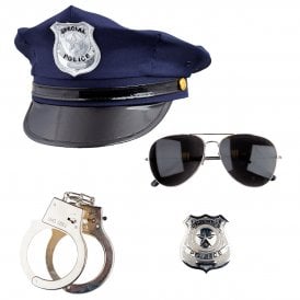 U S Cop Blue Hat  + Instant Cop Set (Police Badge + Aviator Specs + Metal Handcuffs)