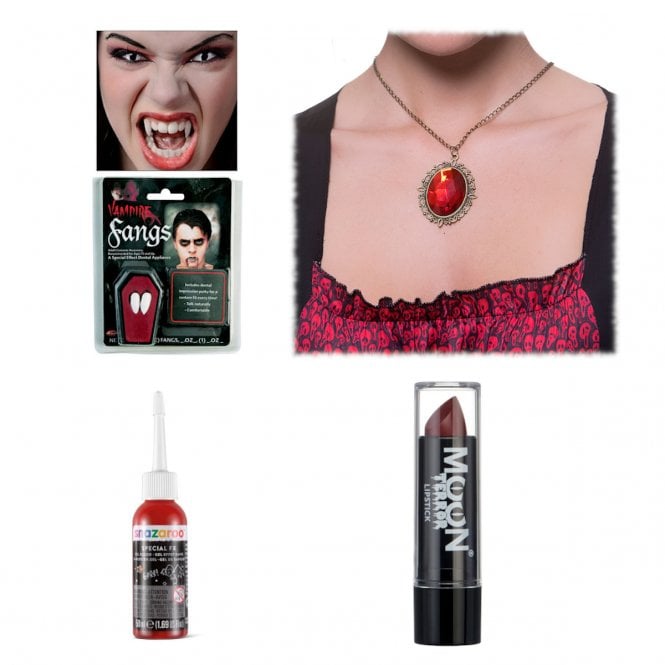 Vampiress 4-Piece Accessory Set (Gel Blood, Ruby Necklace, Red Lipstick, Vampire Fangs)