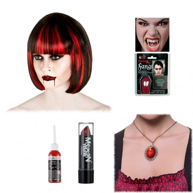 Vampiress 5-Piece Accessory Set (Bloodlust Vampire Wig, Gel Blood, Ruby Necklace, Red Lipstick, Vampire Fangs)