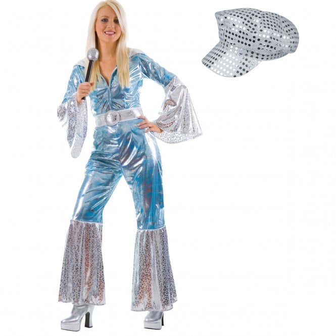 Waterloo - Adult Ladies Costume + 70's Silver Sequin Hat (Jumpsuit, Belt, Hat)